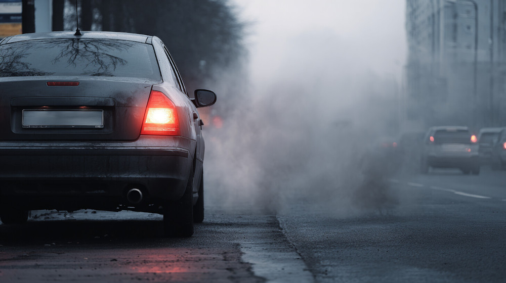 Srebrny samochód zaparkowany przy drodze, wokół pełno spalin