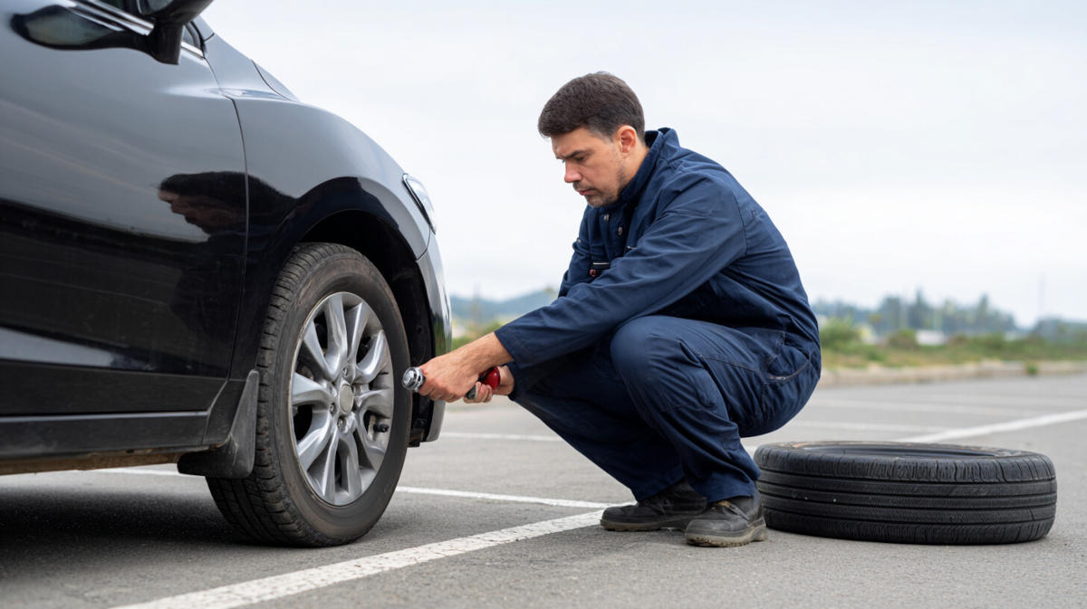 Mężczyzna kuca przy samochodzie przed wymianą koła