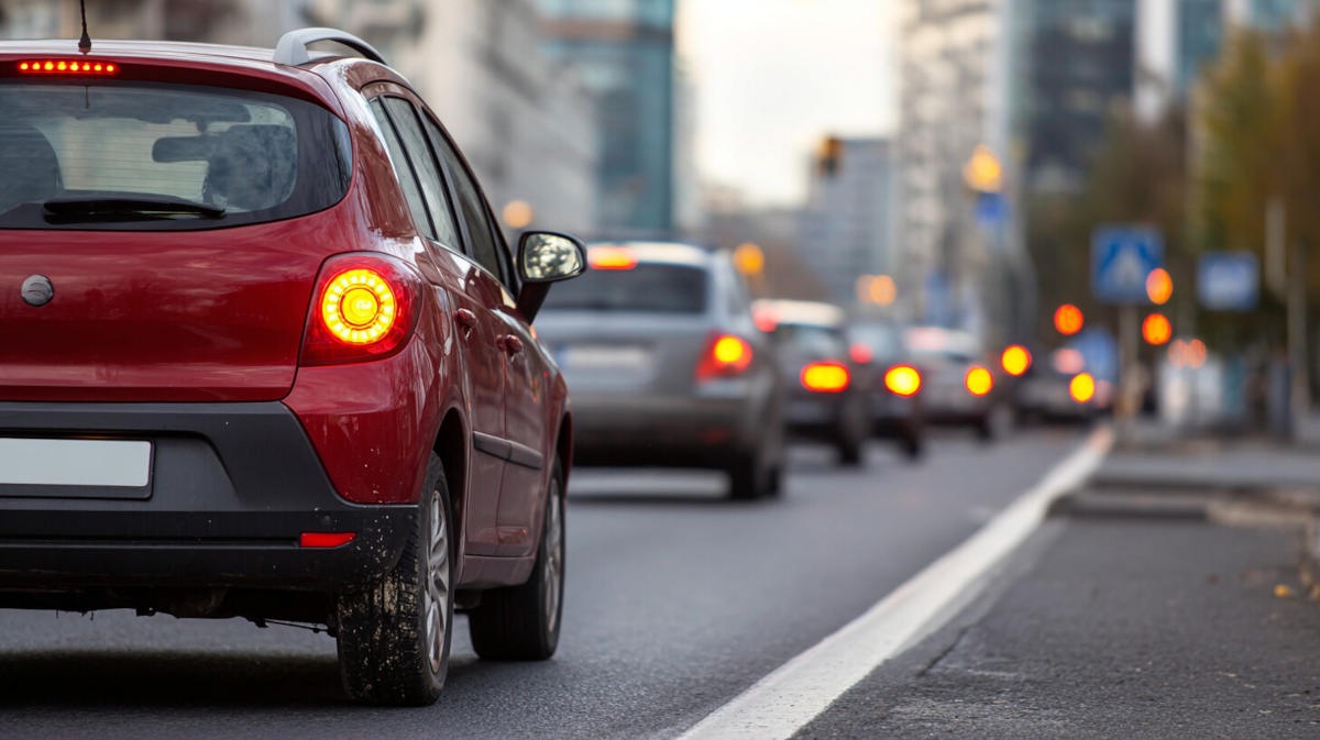 Czerwony samochód osobowy w ruchu miejskim, zbliżenie na koła