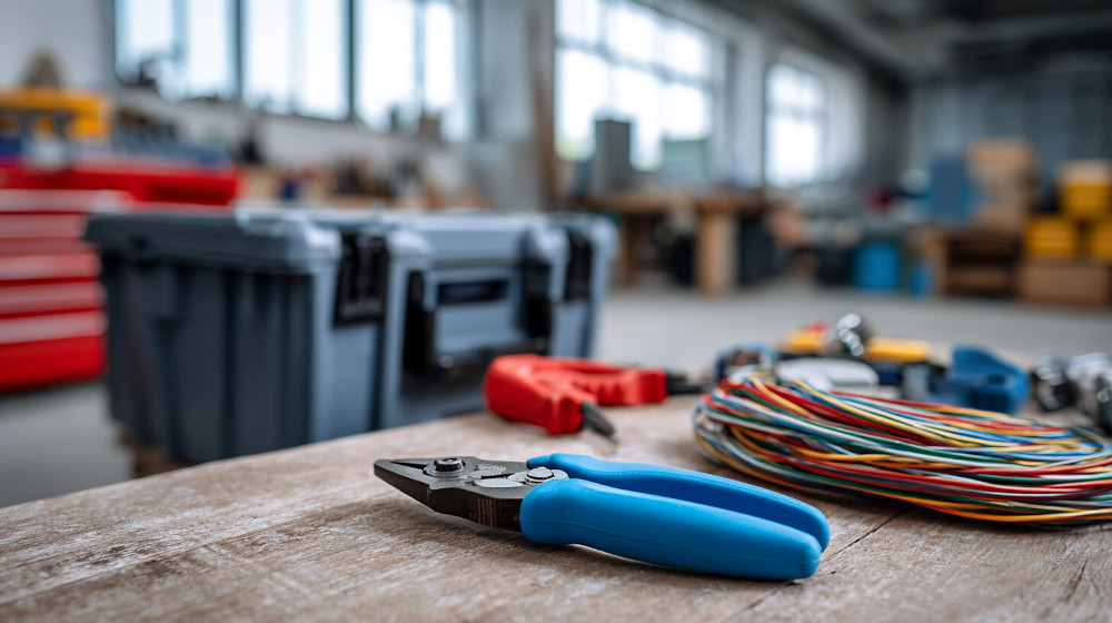  Szczypce, wiązki przewodów i inne narzędzia na stole warsztatowym