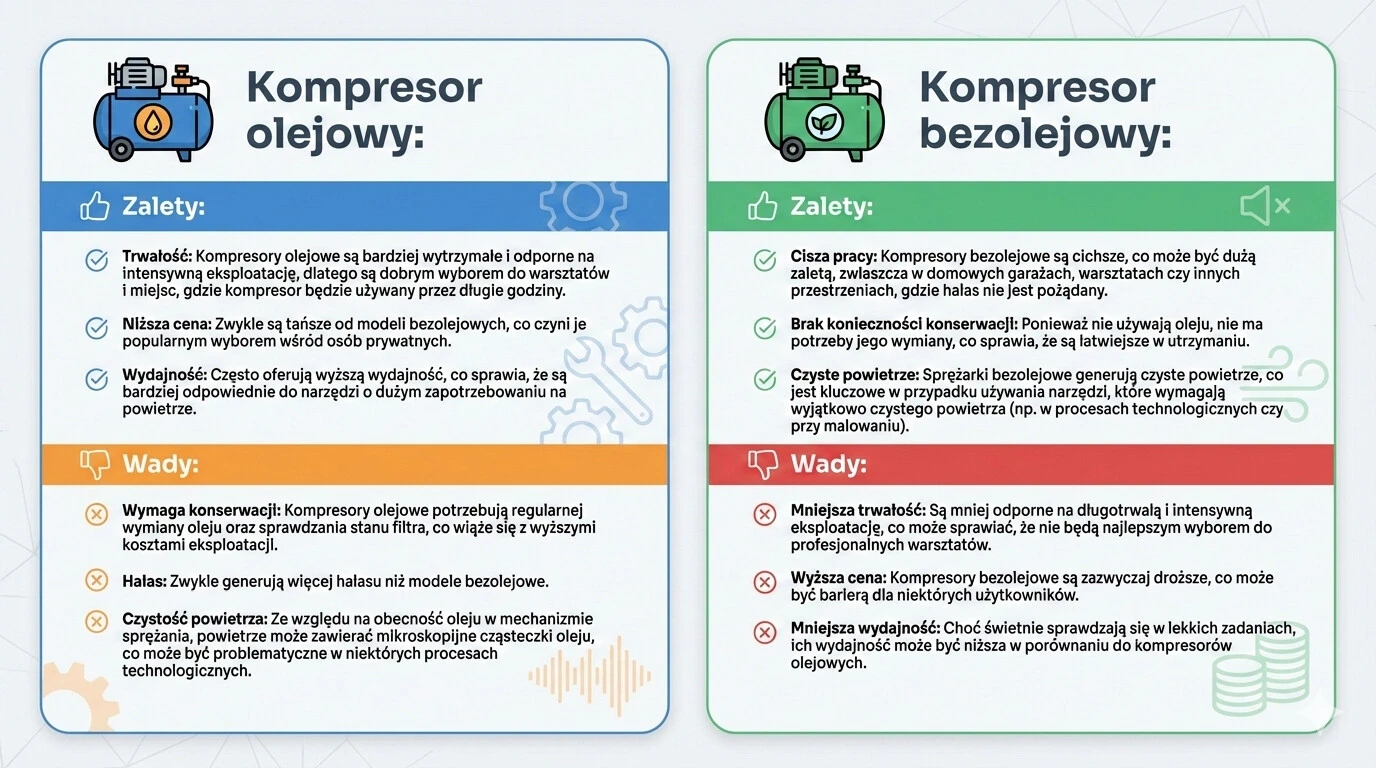 Kompresor olejowy i bezolejowy - wady i zalety
