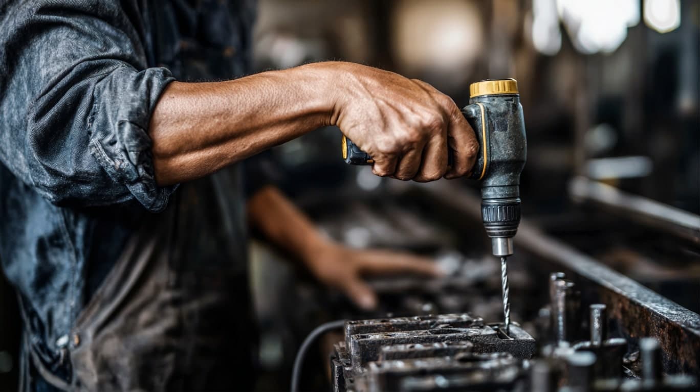 Mechanik pracuje z wiertarką akumulatorową