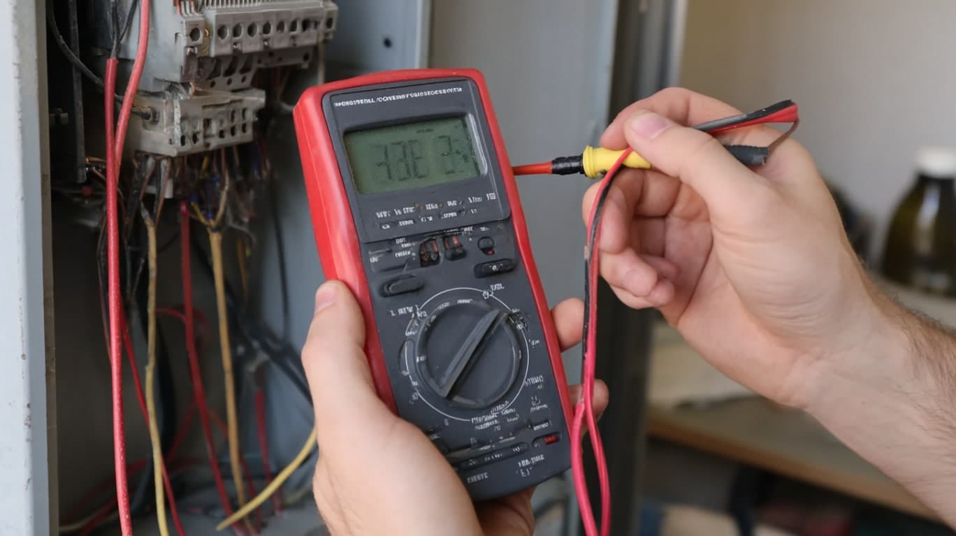 Mężczyzna mierzy parametry prądu przy pomocy multimetru