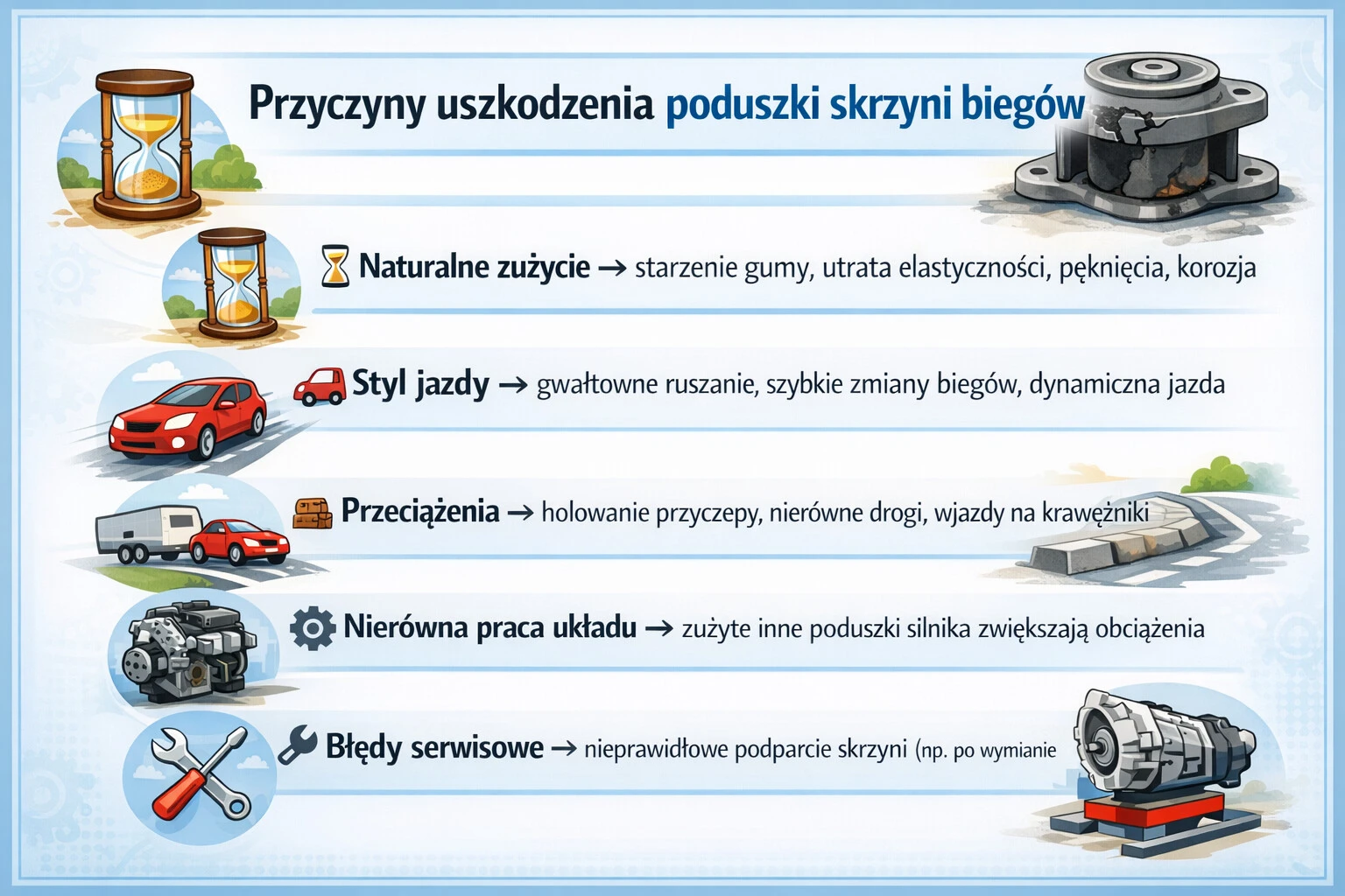 Przyczyny uszkodzenia poduszki skrzyni biegów